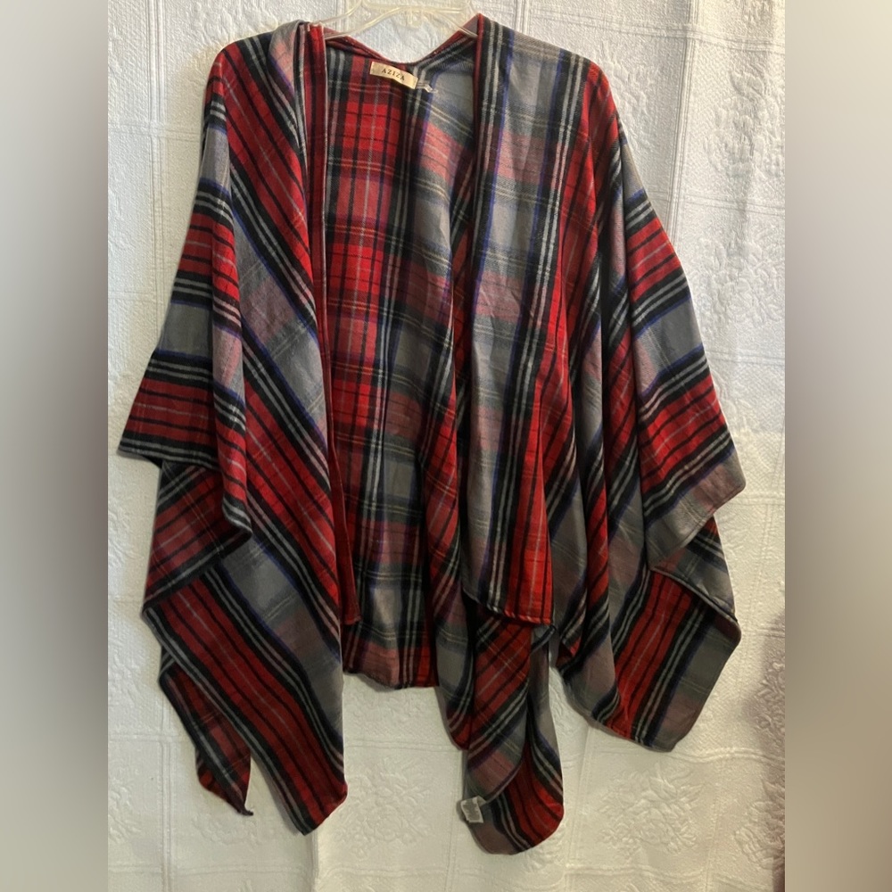 OSFM Aliza Wrap Sweater Poncho Sweater Red Plaid
